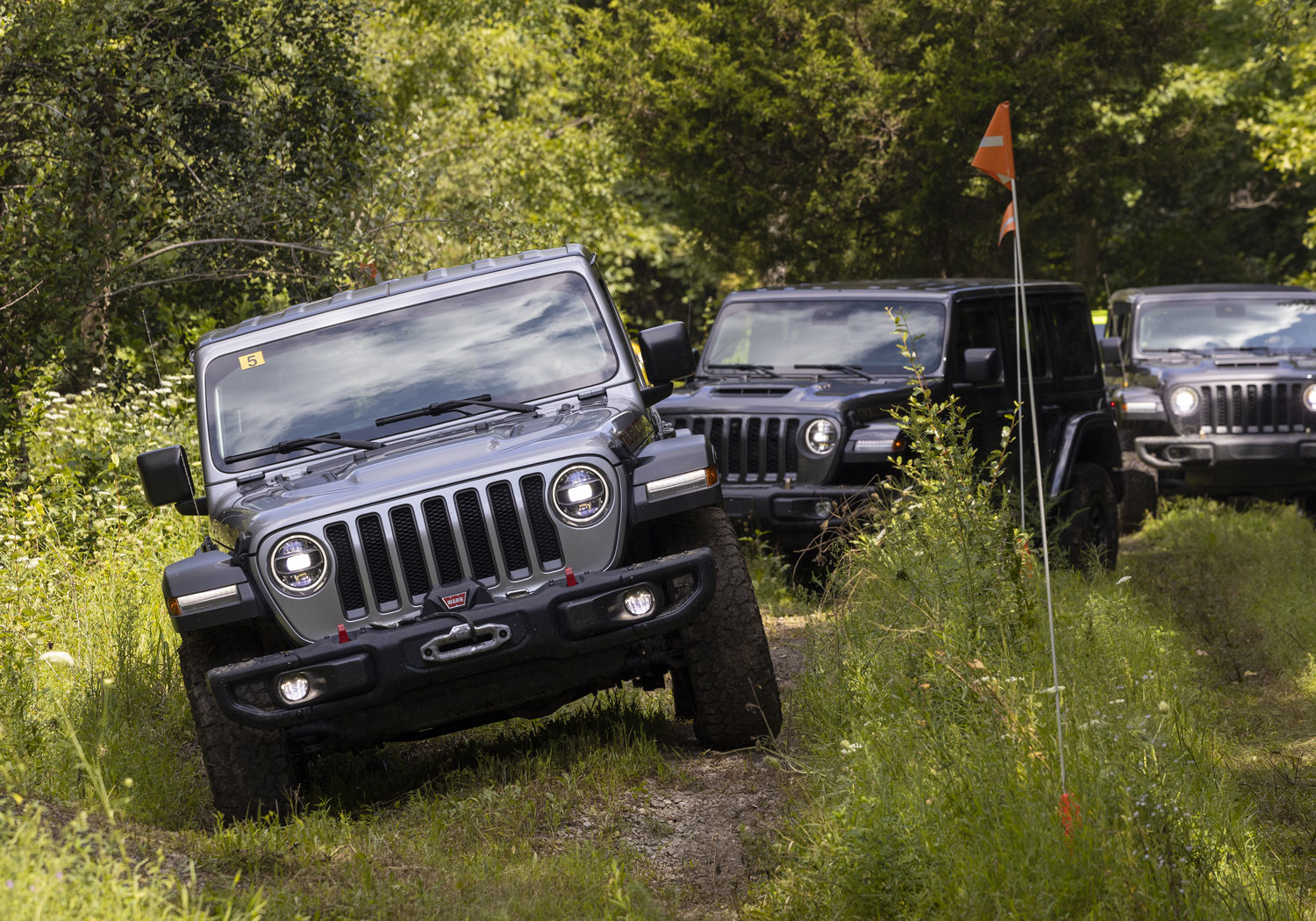 Group of black Jeep on dirt road